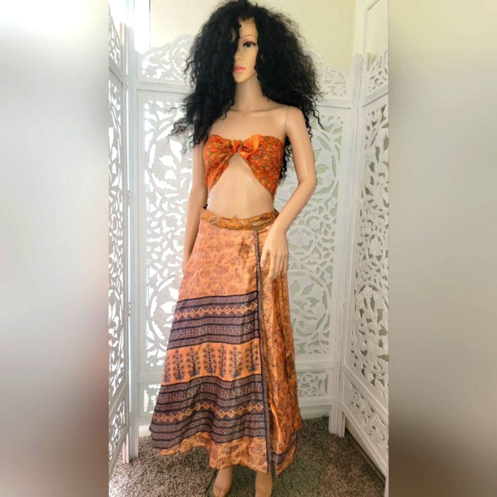 Exotic Boho Silk Muted Gold & Blue Reversible Wrap Maxi Skirt